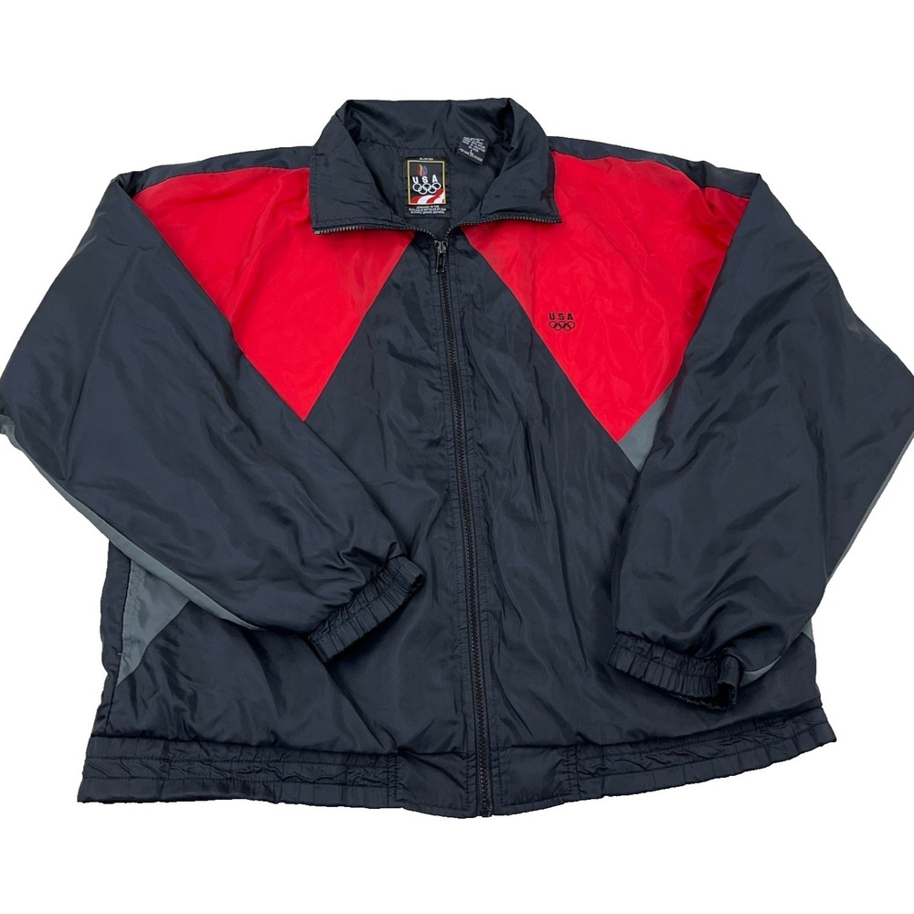 Vintage USA Olympics Jacket Men Large Black Red Windbreaker 90s Colorblock Track